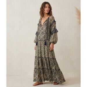 Miss June Paris Maxi Dress‎ Boho Paisley Rayon Metallic Ruffle Long Sleeve OS